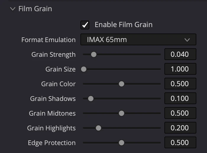 The Film Grain controls in Helios Grade, set to IMAX 65mm at a strength of 0.040.