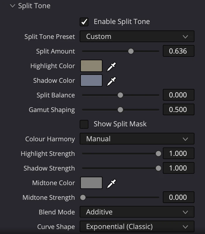 The Split Tone controls in Helios Grade, with split amount 0.636, a khaki highlight colour and a blue-grey shadow colour.