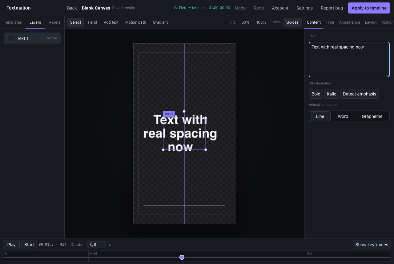 The Textmation editor with a template open: canvas preview, content field and style controls