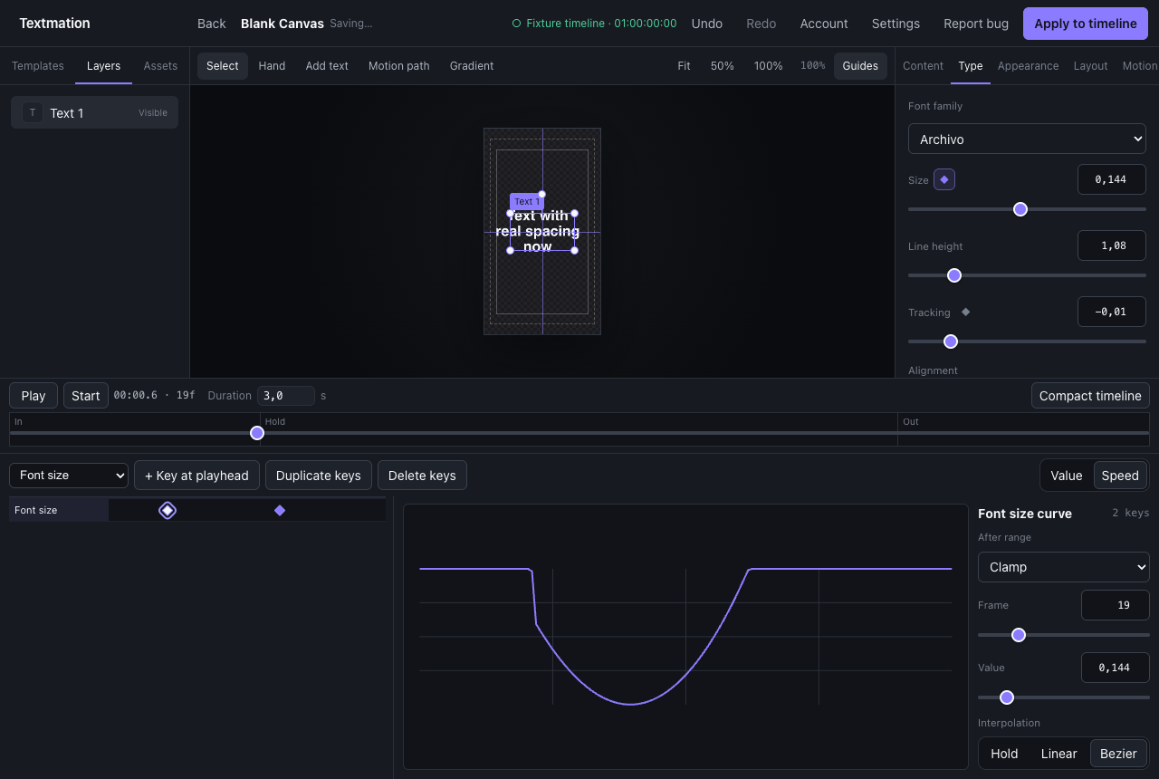 The Textmation timeline showing keyframe tracks and the speed graph with easing controls