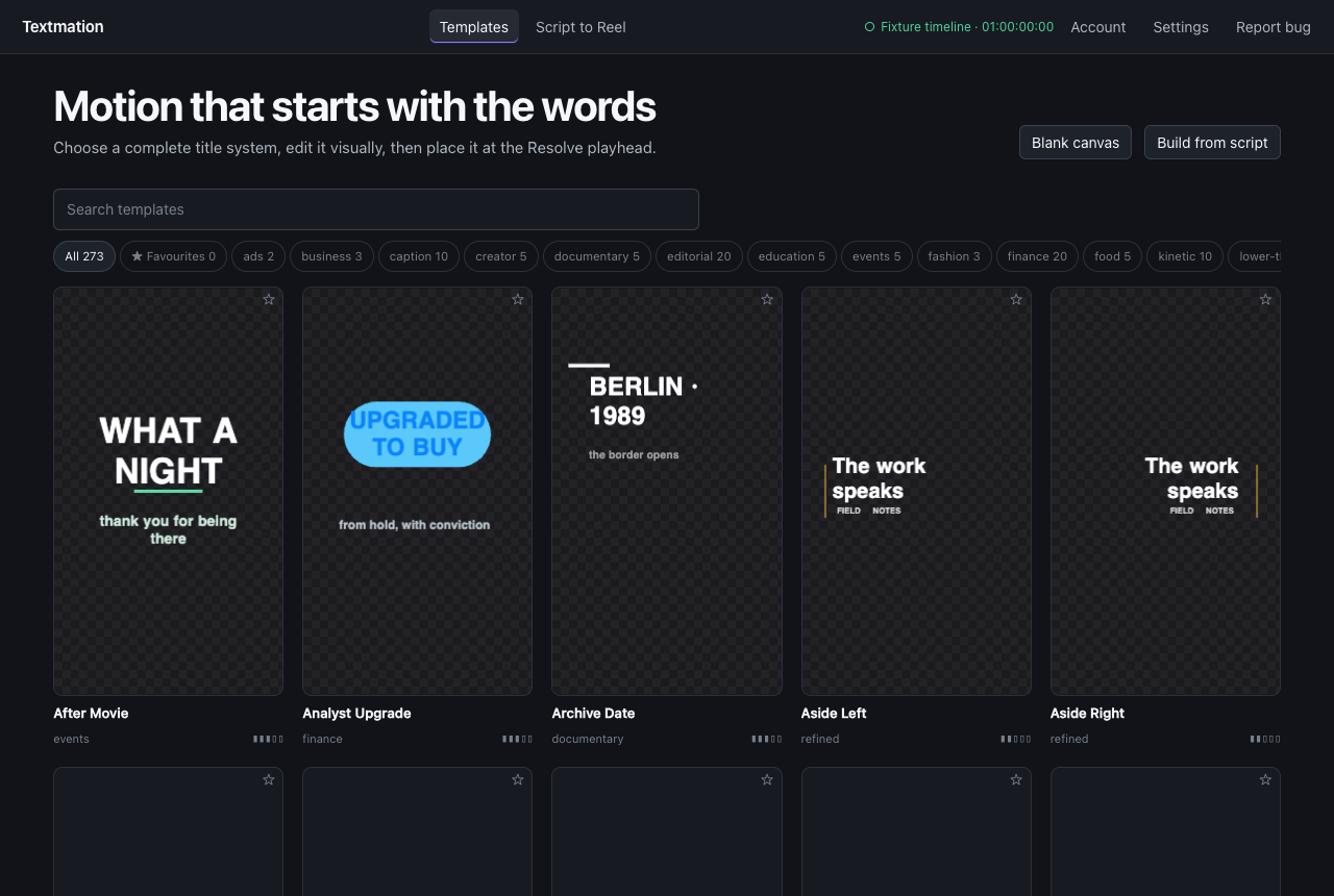 The Textmation template library, showing a grid of animated template tiles grouped by category